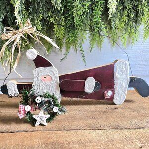 Wooden Santa Claus Plaid Bow Button Wreath Primitive Christmas Decoration